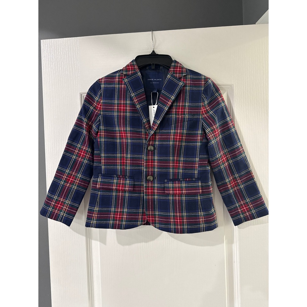 Janie and Jack Boys Navy Red Tartan Plaid Wool Blazer Jacket Size 7 NWT